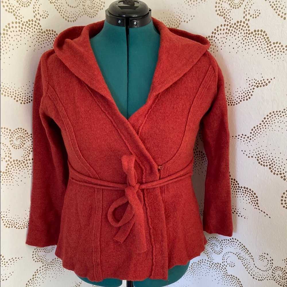 Anthropologie Red Wool Hooded Wrap Sweater